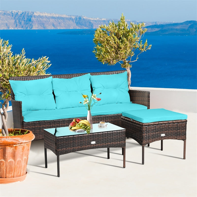 3 PCS Rattan Patio Conversation Set Wicker Outdoor 3-Seat Sofa Seating Group with Tempered Glass Coffee Table, Seat & Back Cushions