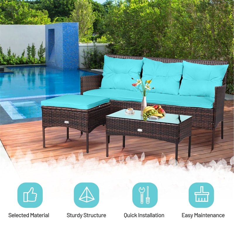 3 PCS Rattan Patio Conversation Set Wicker Outdoor 3-Seat Sofa Seating Group with Tempered Glass Coffee Table, Seat & Back Cushions