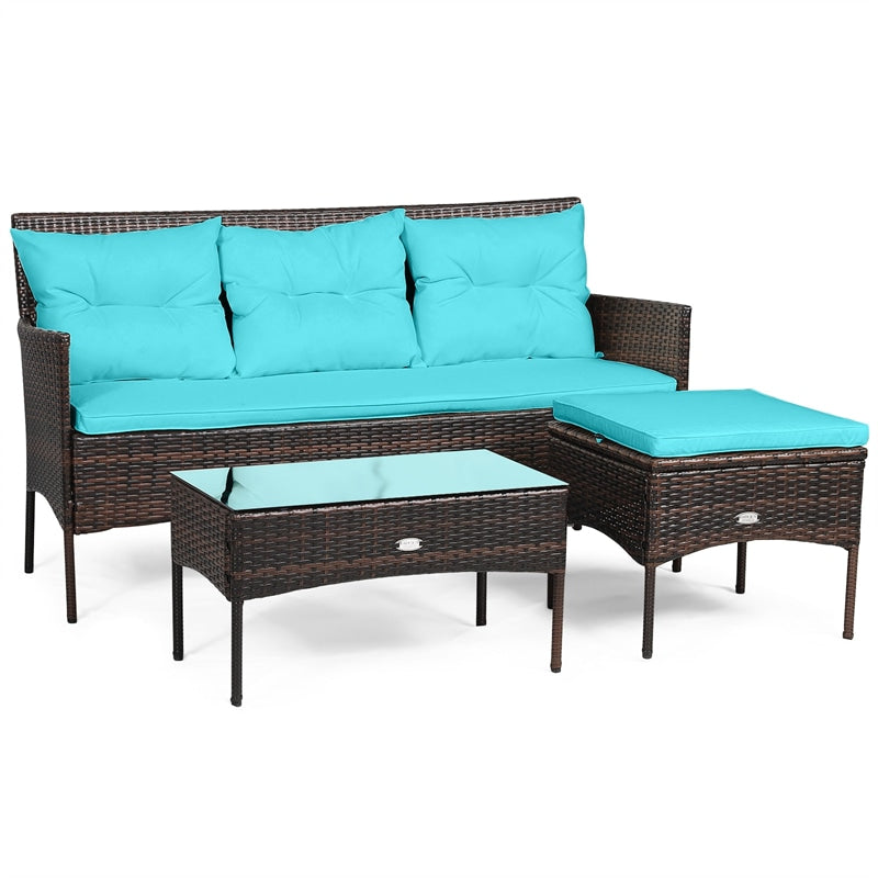 3 PCS Rattan Patio Conversation Set Wicker Outdoor 3-Seat Sofa Seating Group with Tempered Glass Coffee Table, Seat & Back Cushions