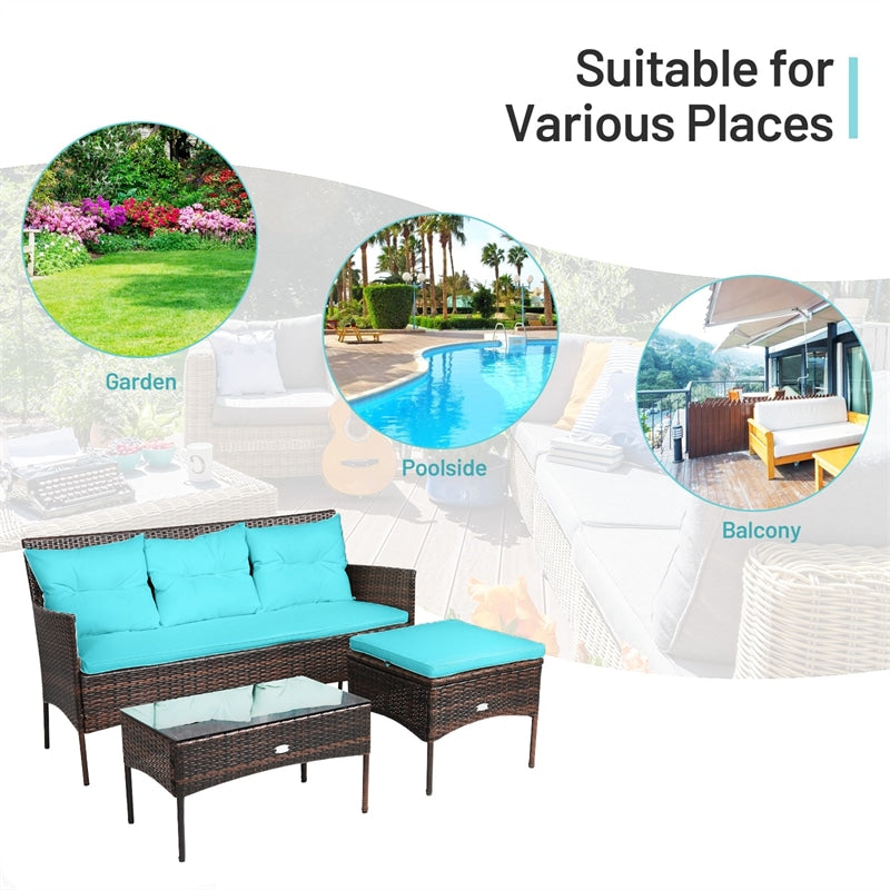 3 PCS Rattan Patio Conversation Set Wicker Outdoor 3-Seat Sofa Seating Group with Tempered Glass Coffee Table, Seat & Back Cushions