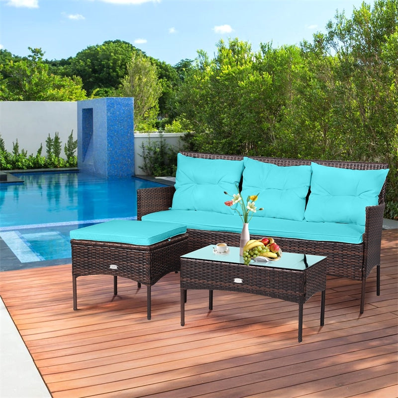 3 PCS Rattan Patio Conversation Set Wicker Outdoor 3-Seat Sofa Seating Group with Tempered Glass Coffee Table, Seat & Back Cushions