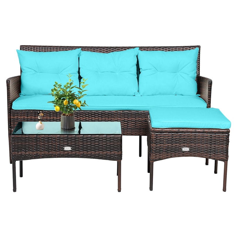 3 PCS Rattan Patio Conversation Set Wicker Outdoor 3-Seat Sofa Seating Group with Tempered Glass Coffee Table, Seat & Back Cushions