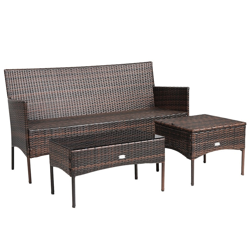 3 PCS Rattan Patio Conversation Set Wicker Outdoor 3-Seat Sofa Seating Group with Tempered Glass Coffee Table, Seat & Back Cushions