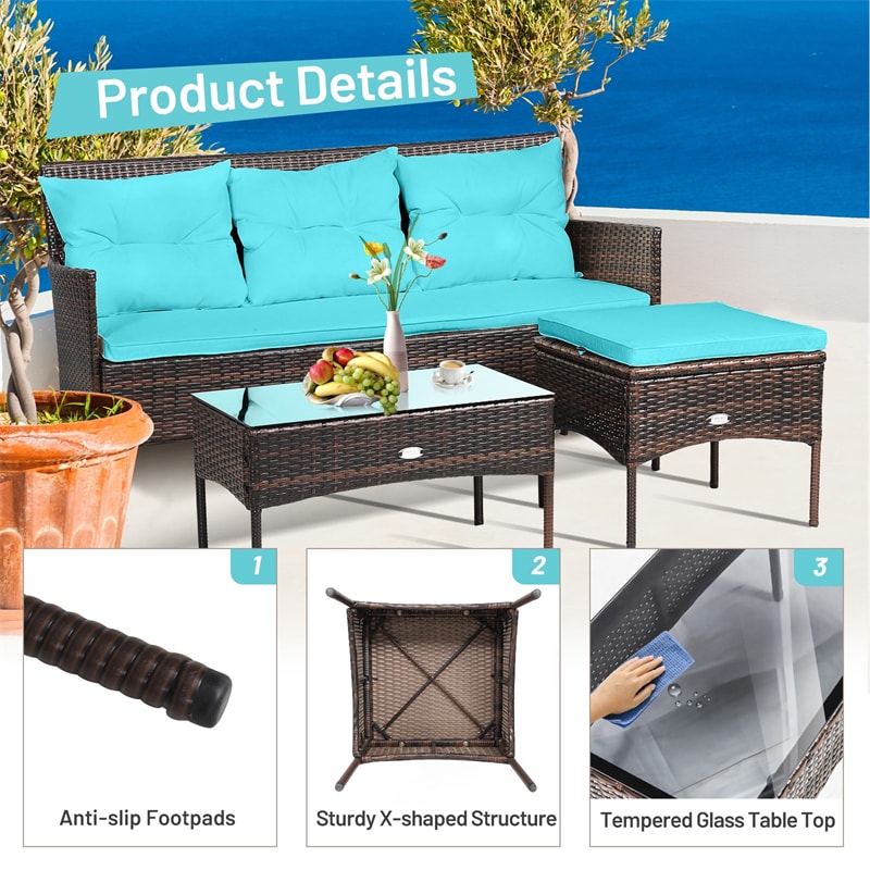 3 PCS Rattan Patio Conversation Set Wicker Outdoor 3-Seat Sofa Seating Group with Tempered Glass Coffee Table, Seat & Back Cushions