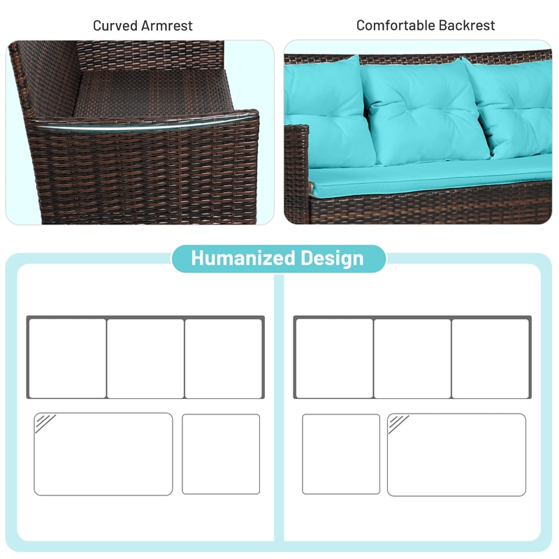 3 PCS Rattan Patio Conversation Set Wicker Outdoor 3-Seat Sofa Seating Group with Tempered Glass Coffee Table, Seat & Back Cushions