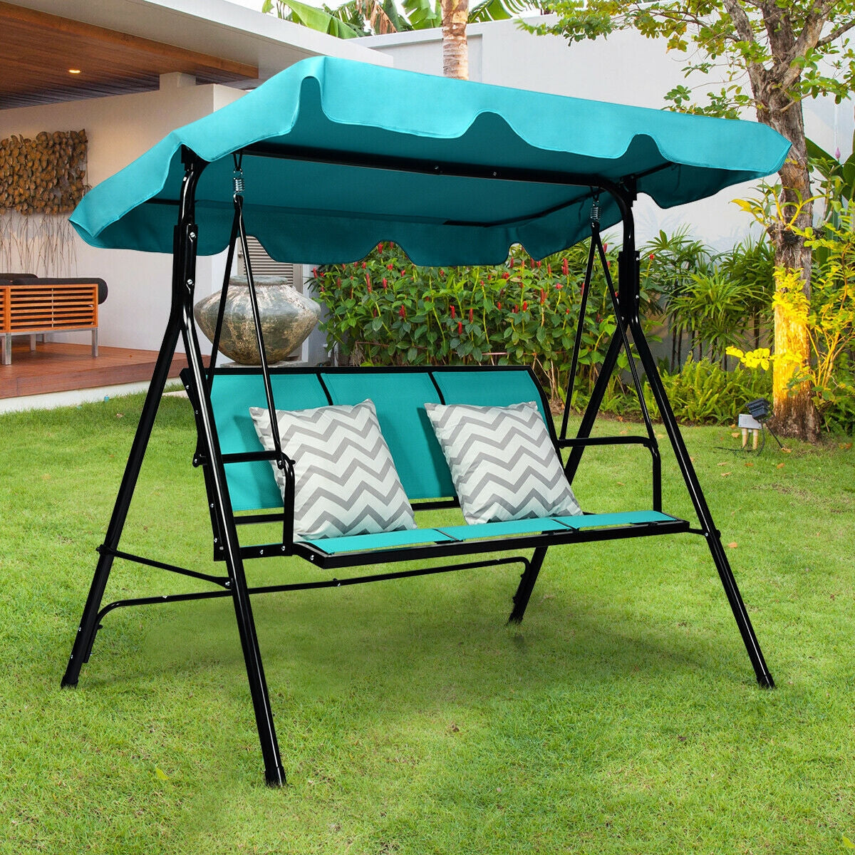 3 Person Steel Frame Patio Swing with Polyester Angle and Adjustable Canopy