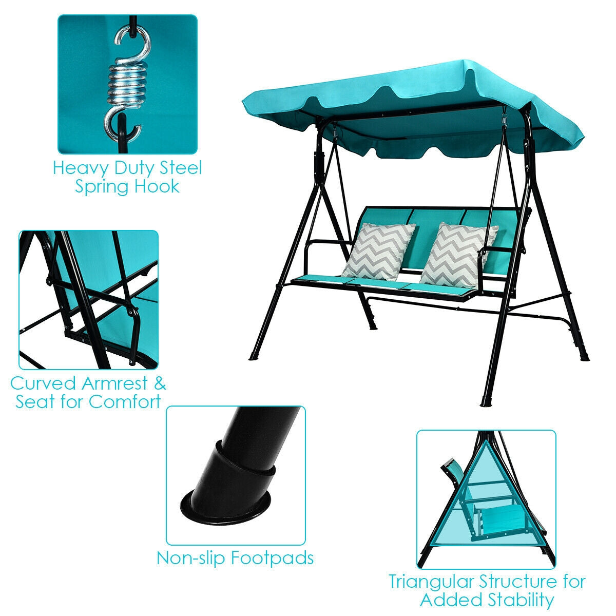 3 Person Steel Frame Patio Swing with Polyester Angle and Adjustable Canopy