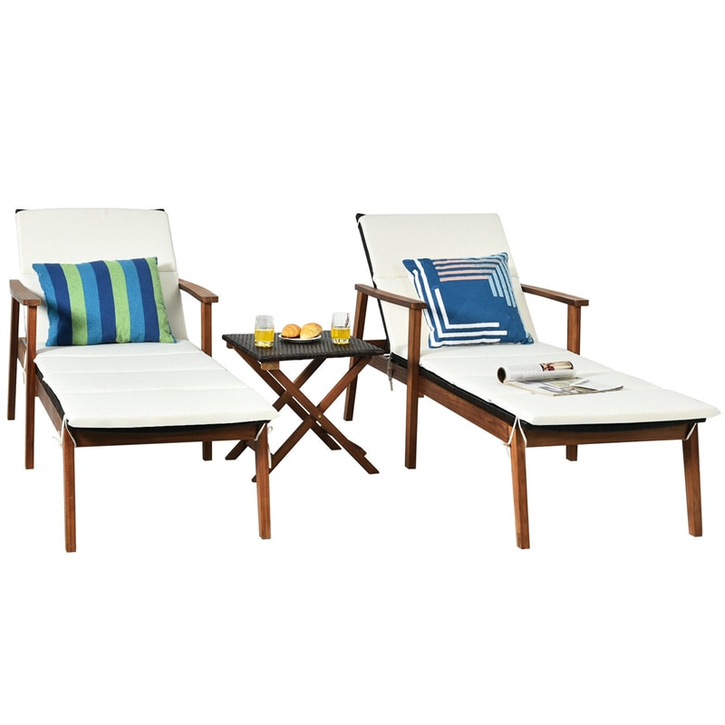 3 Piece Acacia Wood Patio Chaise Lounge Set with Folding Rattan Table