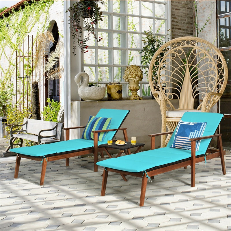 3 Piece Acacia Wood Patio Chaise Lounge Set with Folding Rattan Table