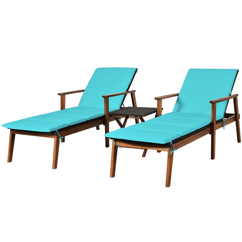 3 Piece Acacia Wood Patio Chaise Lounge Set with Folding Rattan Table