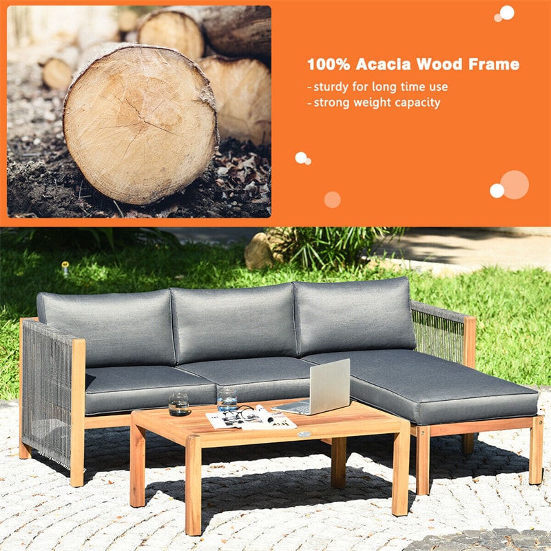 3 Piece Outdoor Wood Furniture Set Acacia Wood Sofa Set Patio Conversation Set with 2 Loveseats, Coffee Table & Seat Cushions