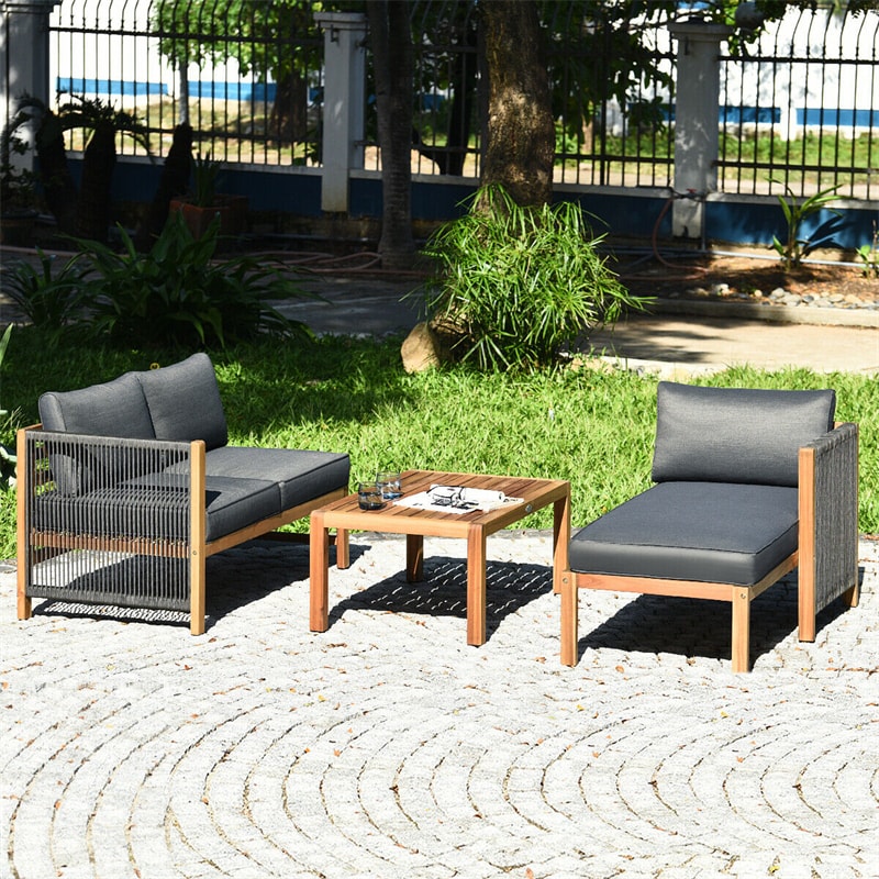 3 Piece Outdoor Wood Furniture Set Acacia Wood Sofa Set Patio Conversation Set with 2 Loveseats, Coffee Table & Seat Cushions