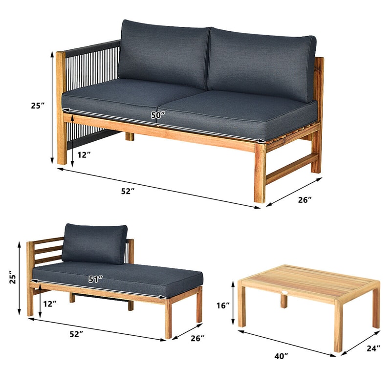 3 Piece Outdoor Wood Furniture Set Acacia Wood Sofa Set Patio Conversation Set with 2 Loveseats, Coffee Table & Seat Cushions