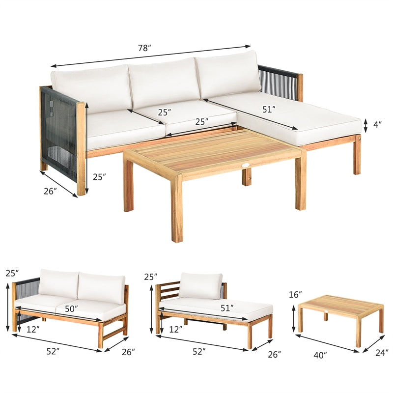 3 Piece Outdoor Wood Furniture Set Acacia Wood Sofa Set Patio Conversation Set with 2 Loveseats, Coffee Table & Seat Cushions