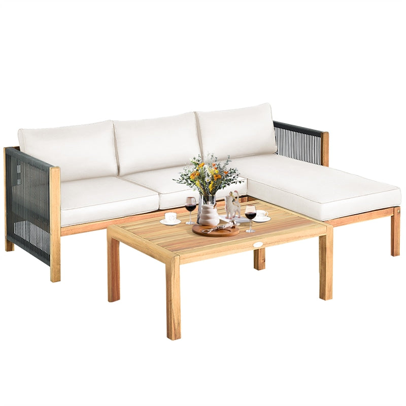 3 Piece Outdoor Wood Furniture Set Acacia Wood Sofa Set Patio Conversation Set with 2 Loveseats, Coffee Table & Seat Cushions