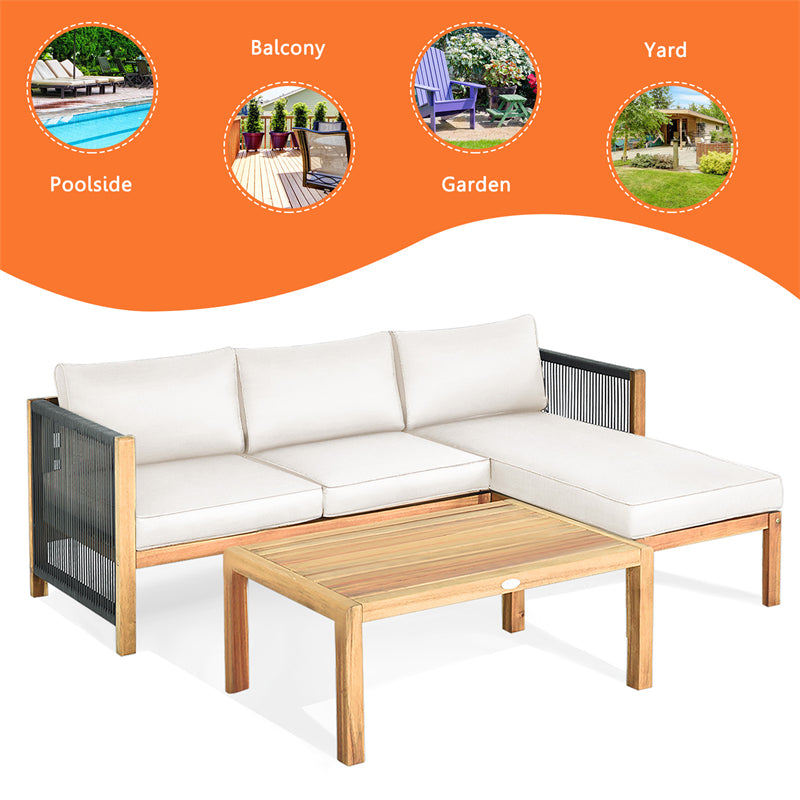 3 Piece Outdoor Wood Furniture Set Acacia Wood Sofa Set Patio Conversation Set with 2 Loveseats, Coffee Table & Seat Cushions