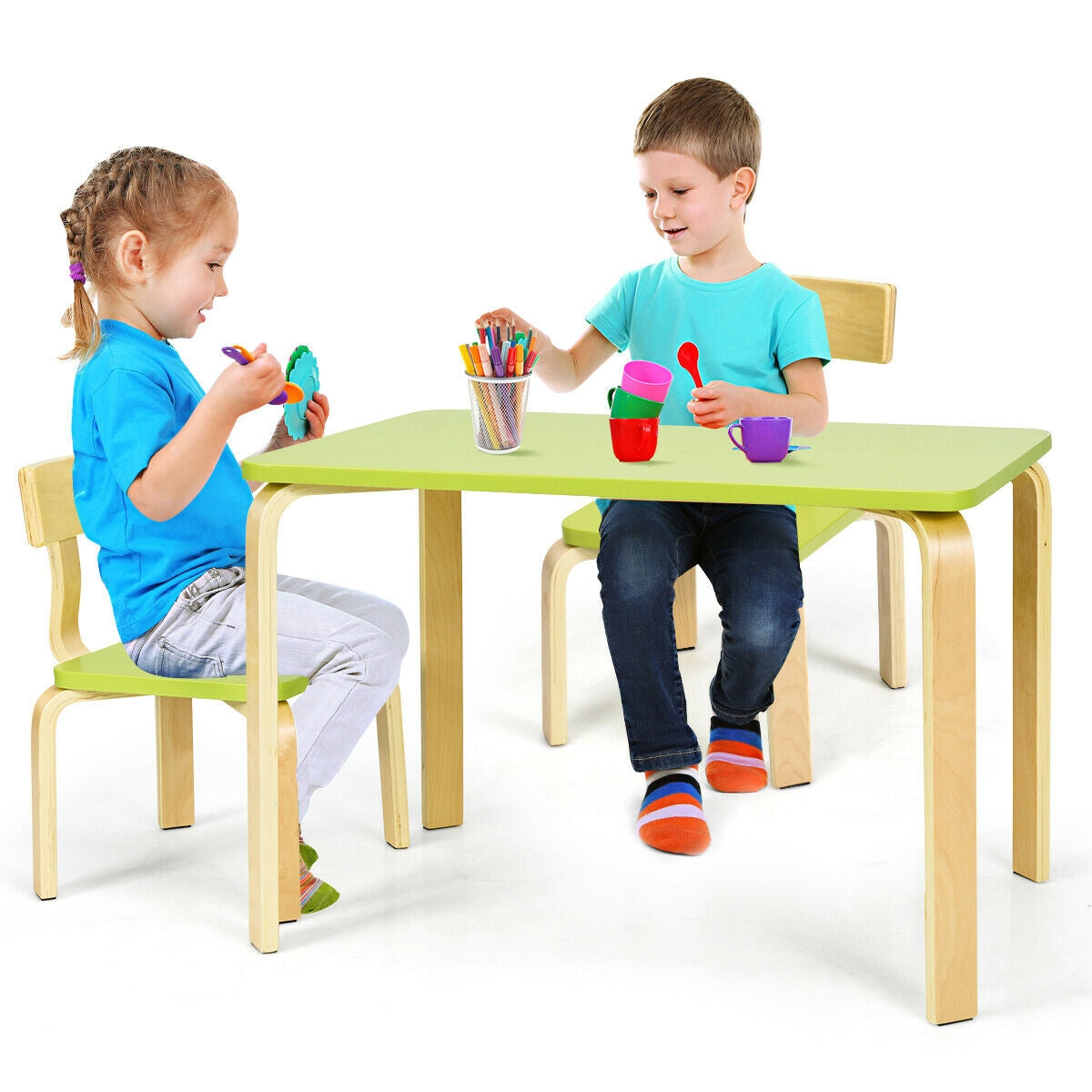 3 Piece Kids Wooden Activity Table and 2 Chairs Set for Reading and Writing
