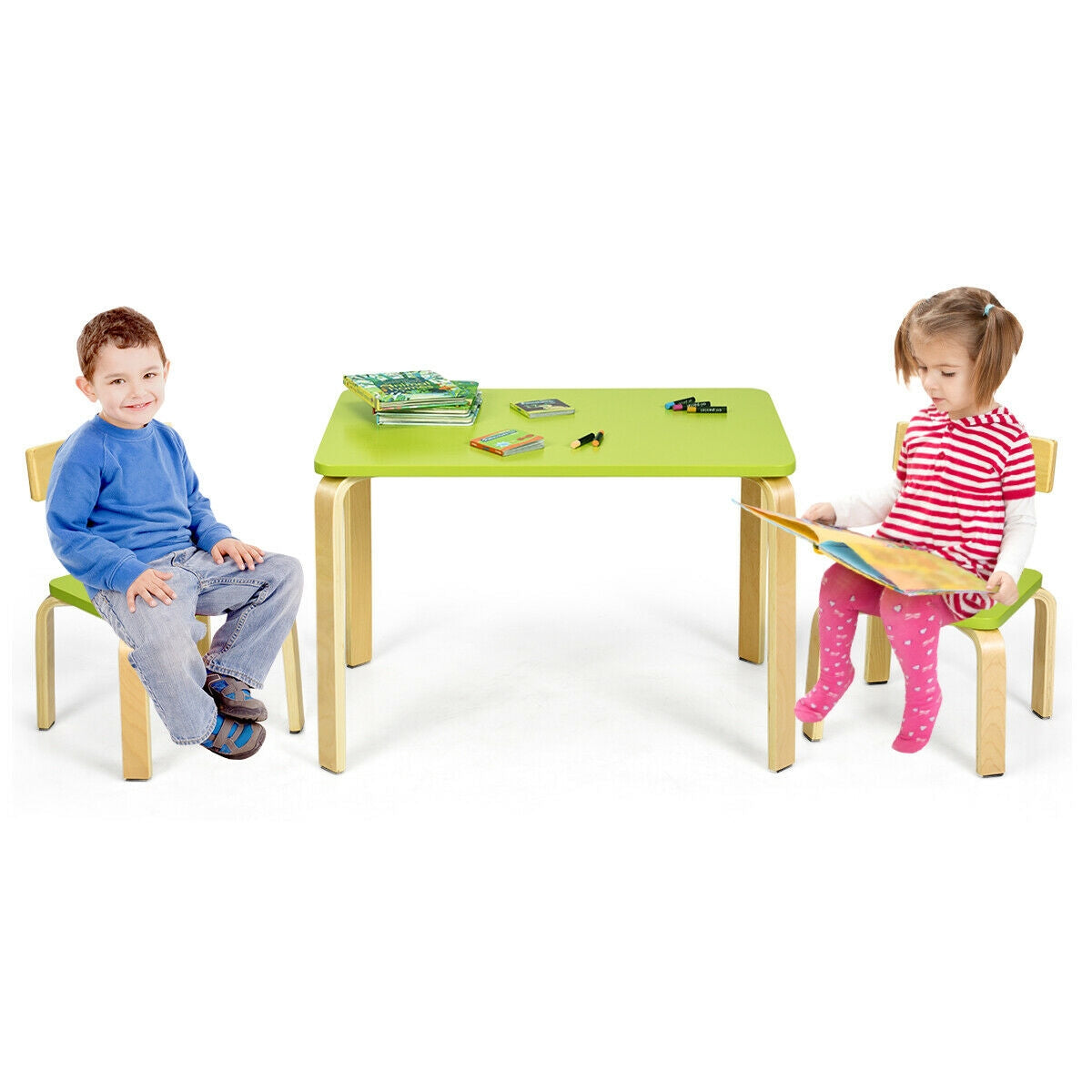 3 Piece Kids Wooden Activity Table and 2 Chairs Set for Reading and Writing