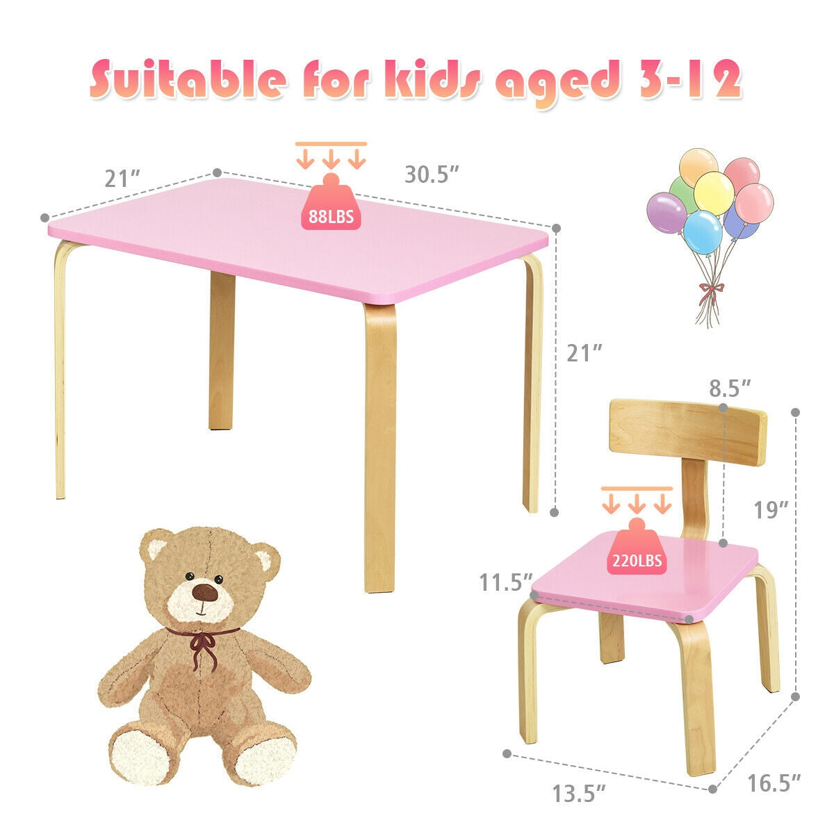 3 Piece Kids Wooden Activity Table and 2 Chairs Set for Reading and Writing