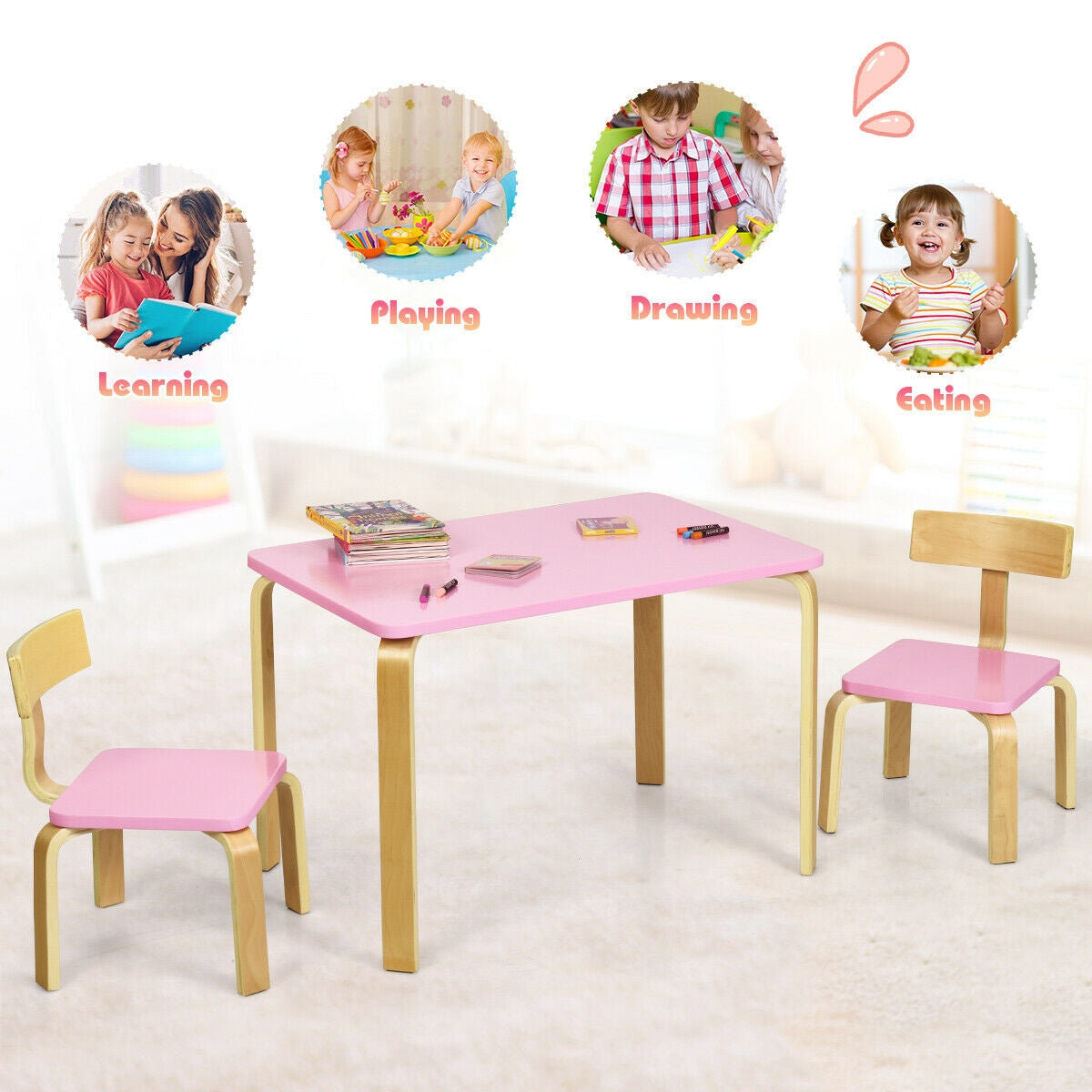 3 Piece Kids Wooden Activity Table and 2 Chairs Set for Reading and Writing