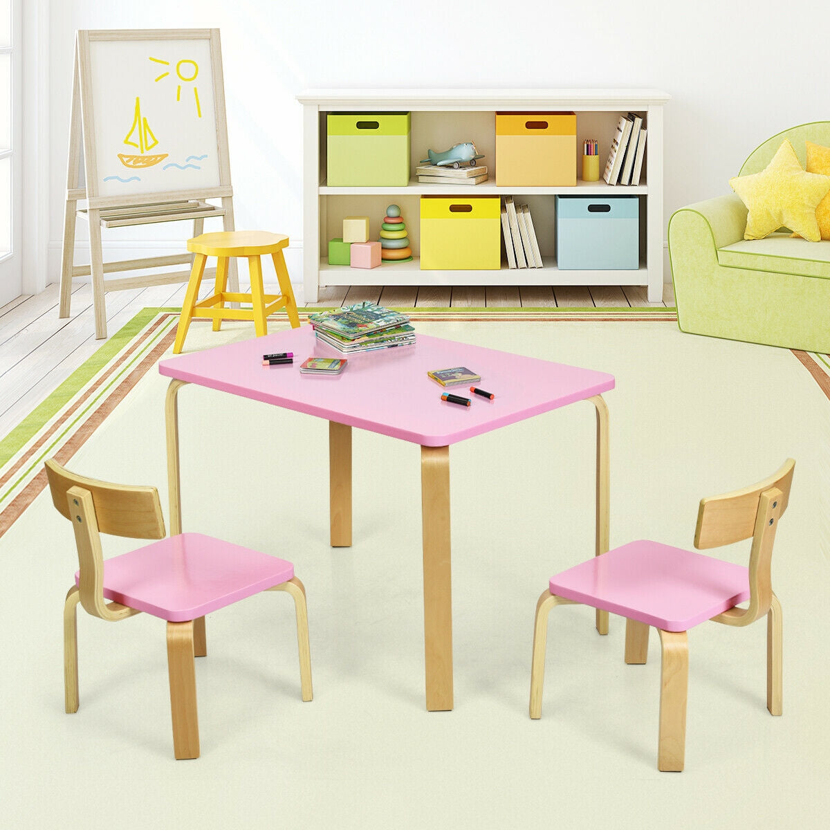 3 Piece Kids Wooden Activity Table and 2 Chairs Set for Reading and Writing