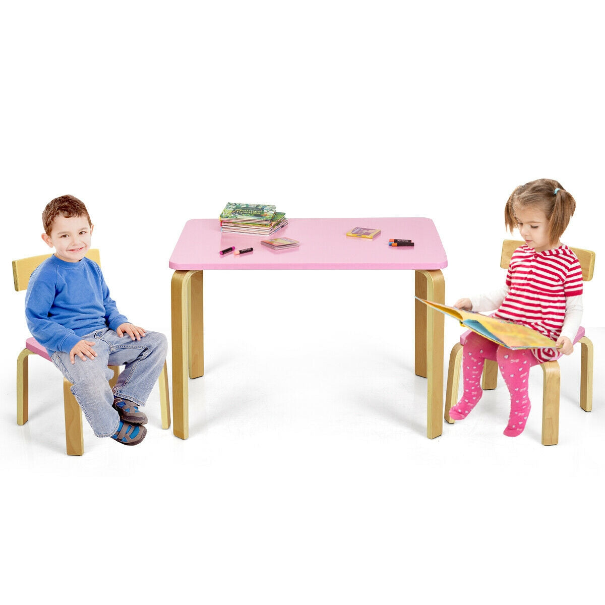 3 Piece Kids Wooden Activity Table and 2 Chairs Set for Reading and Writing