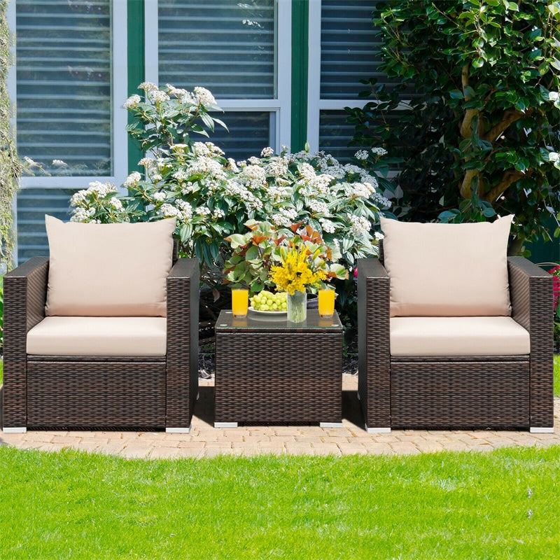 3 Piece PE Rattan Wicker Patio Conversation Sofa Set for Garden Poolside Balcony