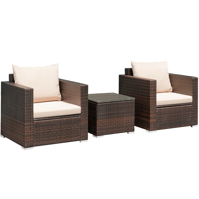 3 Piece PE Rattan Wicker Patio Conversation Sofa Set for Garden Poolside Balcony