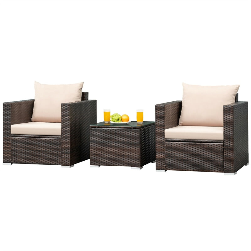 3 Piece PE Rattan Wicker Patio Conversation Sofa Set for Garden Poolside Balcony