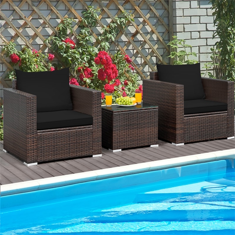 3 Piece PE Rattan Wicker Patio Conversation Sofa Set for Garden Poolside Balcony