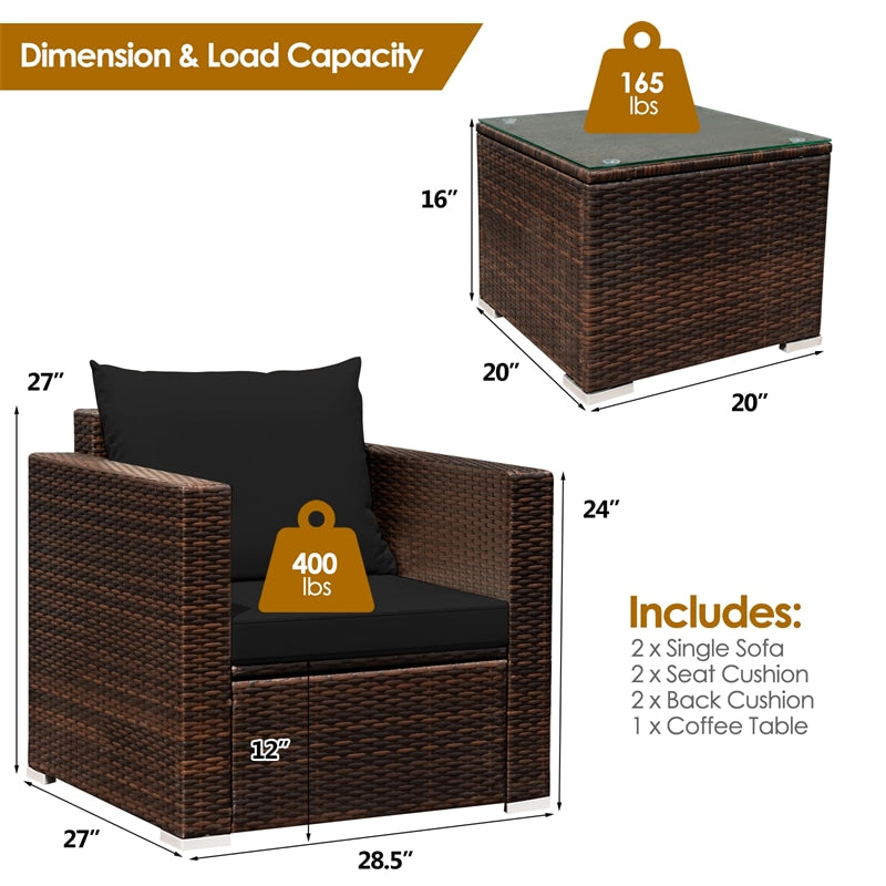 3 Piece PE Rattan Wicker Patio Conversation Sofa Set for Garden Poolside Balcony