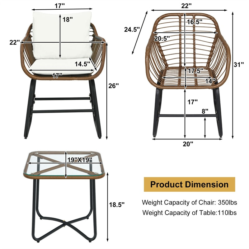 3 Piece Rattan Patio Bistro Set with Cushioned Armchairs and Coffee Table