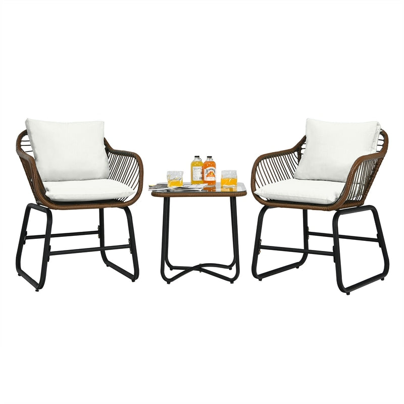 3 Piece Rattan Patio Bistro Set with Cushioned Armchairs and Coffee Table