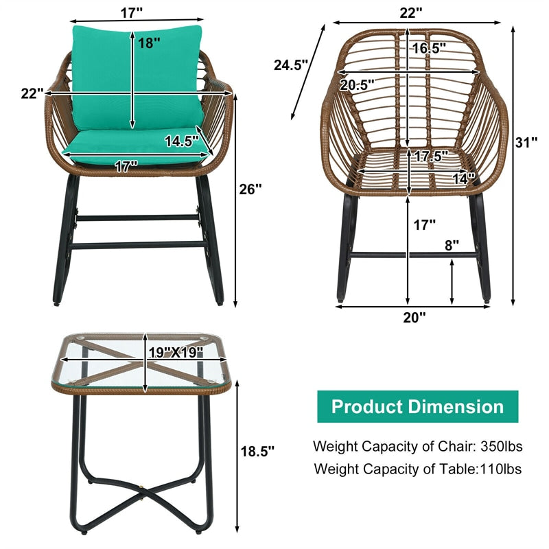 3 Piece Rattan Patio Bistro Set with Cushioned Armchairs and Coffee Table