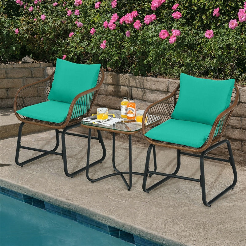 3 Piece Rattan Patio Bistro Set with Cushioned Armchairs and Coffee Table