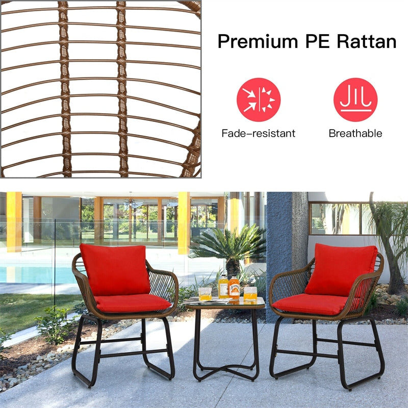 3 Piece Rattan Patio Bistro Set with Cushioned Armchairs and Coffee Table