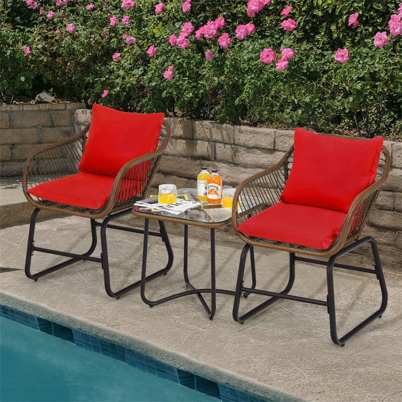 3 Piece Rattan Patio Bistro Set with Cushioned Armchairs and Coffee Table