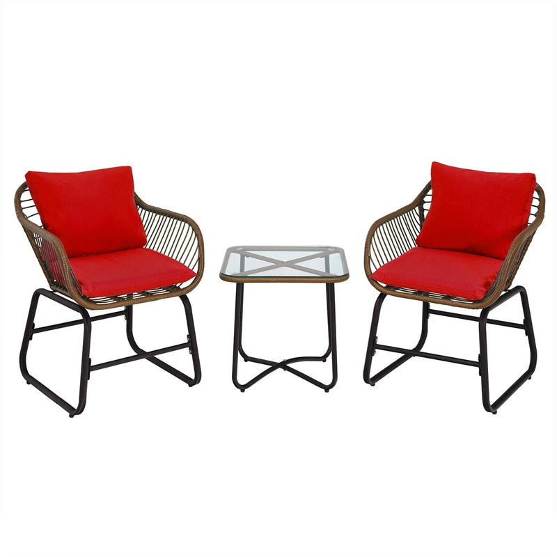 3 Piece Rattan Patio Bistro Set with Cushioned Armchairs and Coffee Table