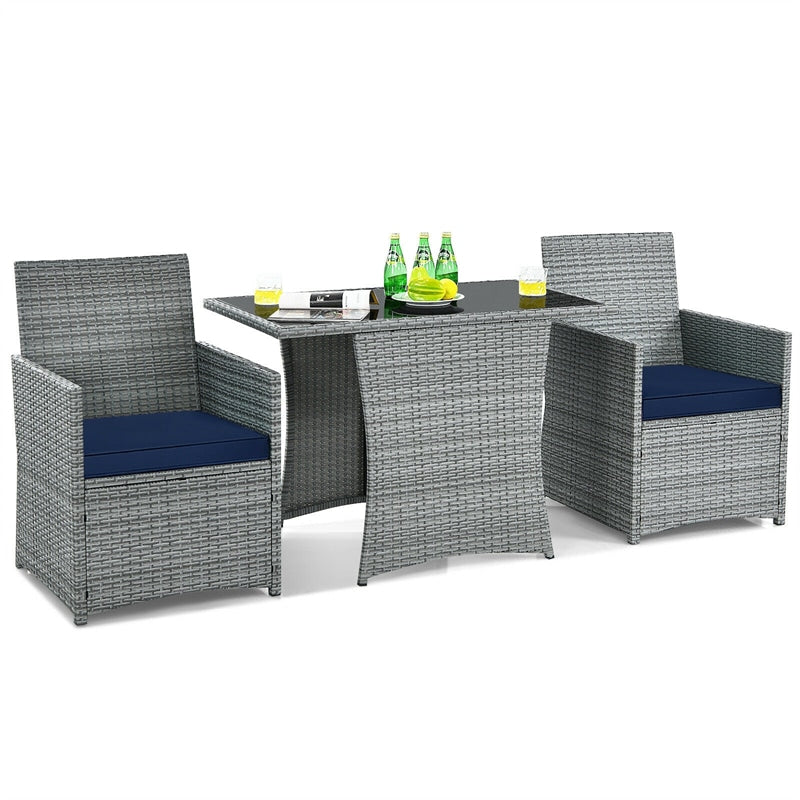 3 Piece Rattan Bistro Set Space-Saving Patio Dining Set with Cushioned Chairs & Tempered Glass Top Table