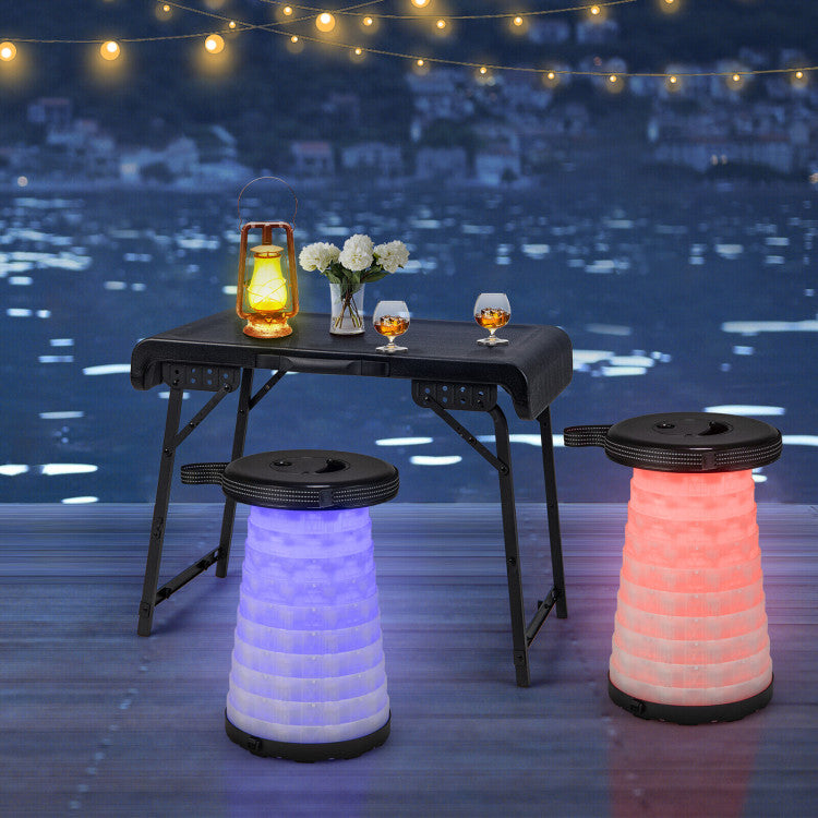 3 Pieces Folding Camping Table Stool Set with LED in the Retractable Stools