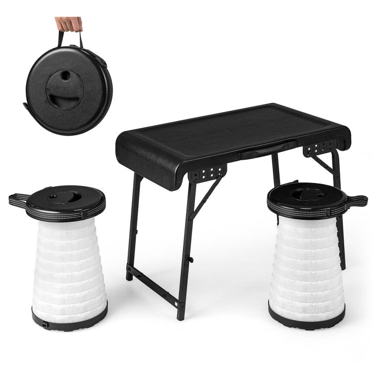 3 Pieces Folding Camping Table Stool Set with LED in the Retractable Stools