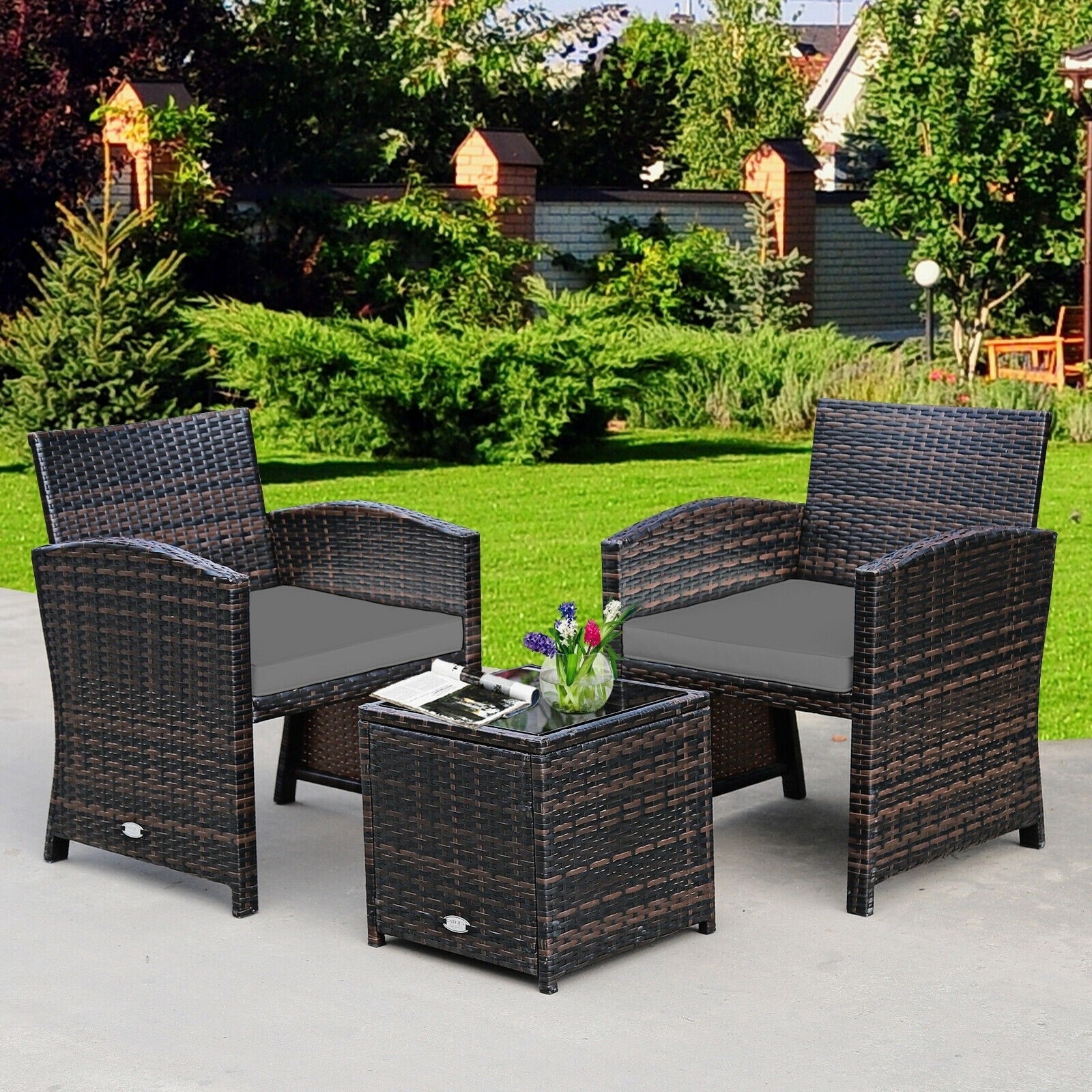 3 Pieces Outdoor Wicker Bistro Set Patio Rattan Furniture Conversation Set with Coffee Table & Cushions