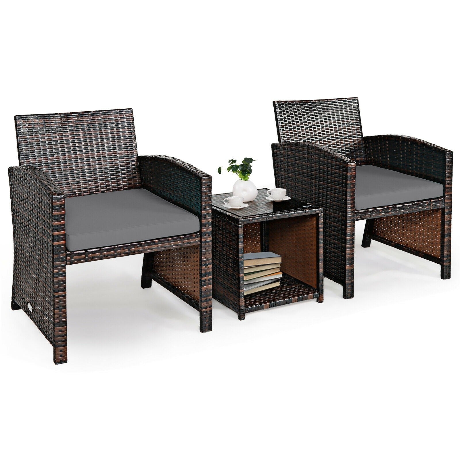 3 Pieces Outdoor Wicker Bistro Set Patio Rattan Furniture Conversation Set with Coffee Table & Cushions