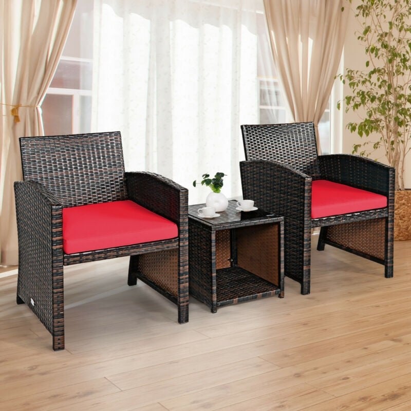 3 Pieces Outdoor Wicker Bistro Set Patio Rattan Furniture Conversation Set with Coffee Table & Cushions