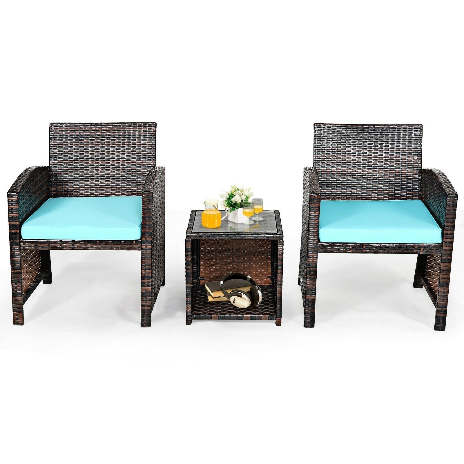 3 Pieces Outdoor Wicker Bistro Set Patio Rattan Furniture Conversation Set with Coffee Table & Cushions