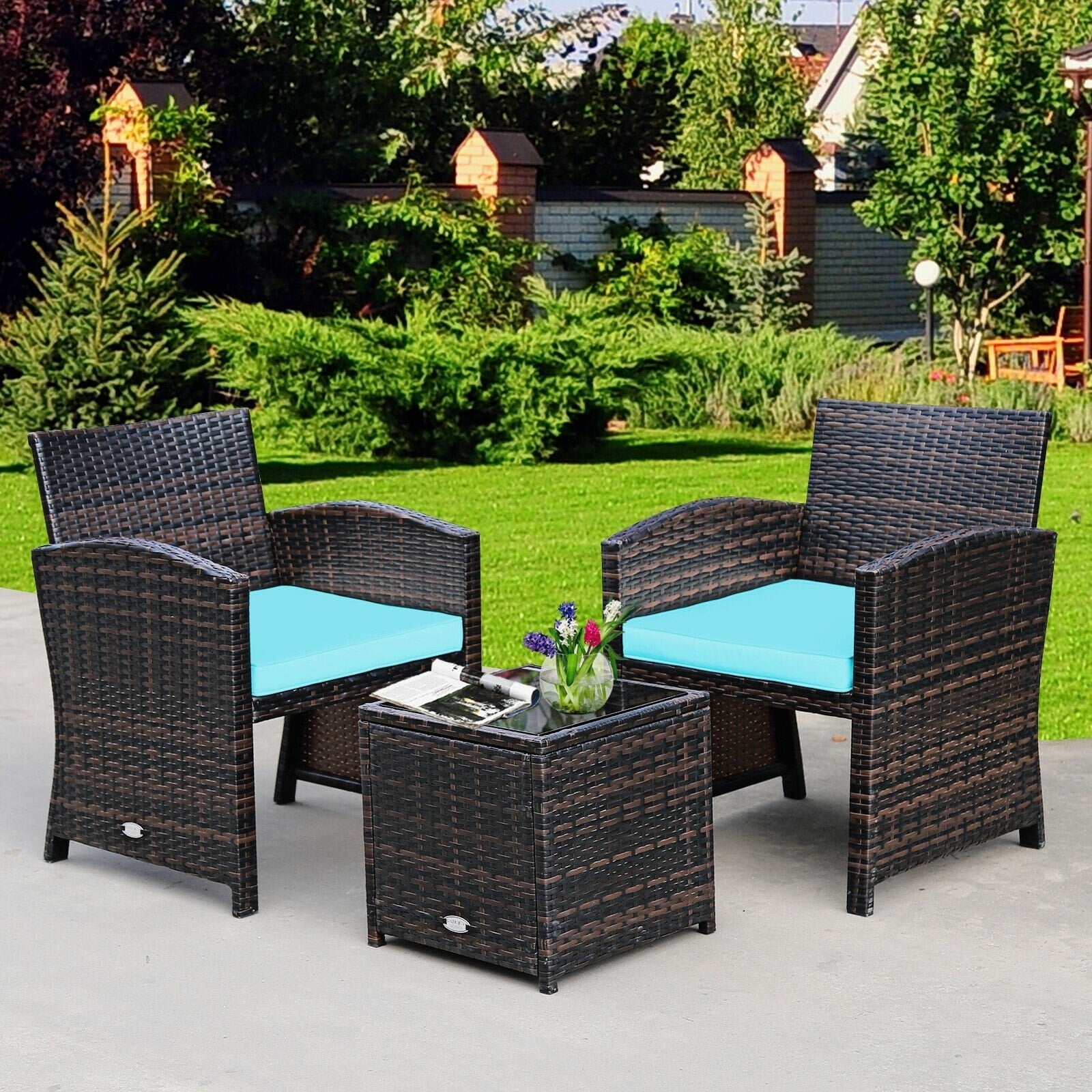 3 Pieces Outdoor Wicker Bistro Set Patio Rattan Furniture Conversation Set with Coffee Table & Cushions