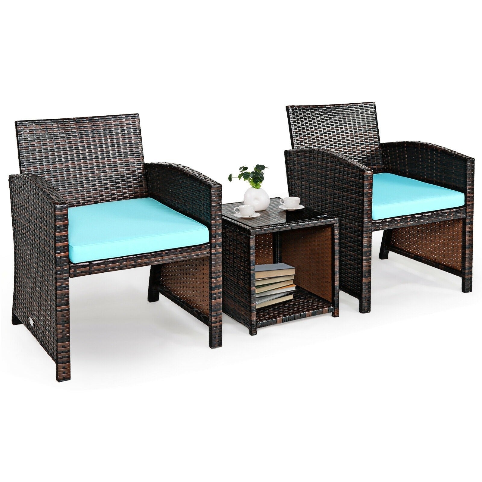 3 Pieces Outdoor Wicker Bistro Set Patio Rattan Furniture Conversation Set with Coffee Table & Cushions