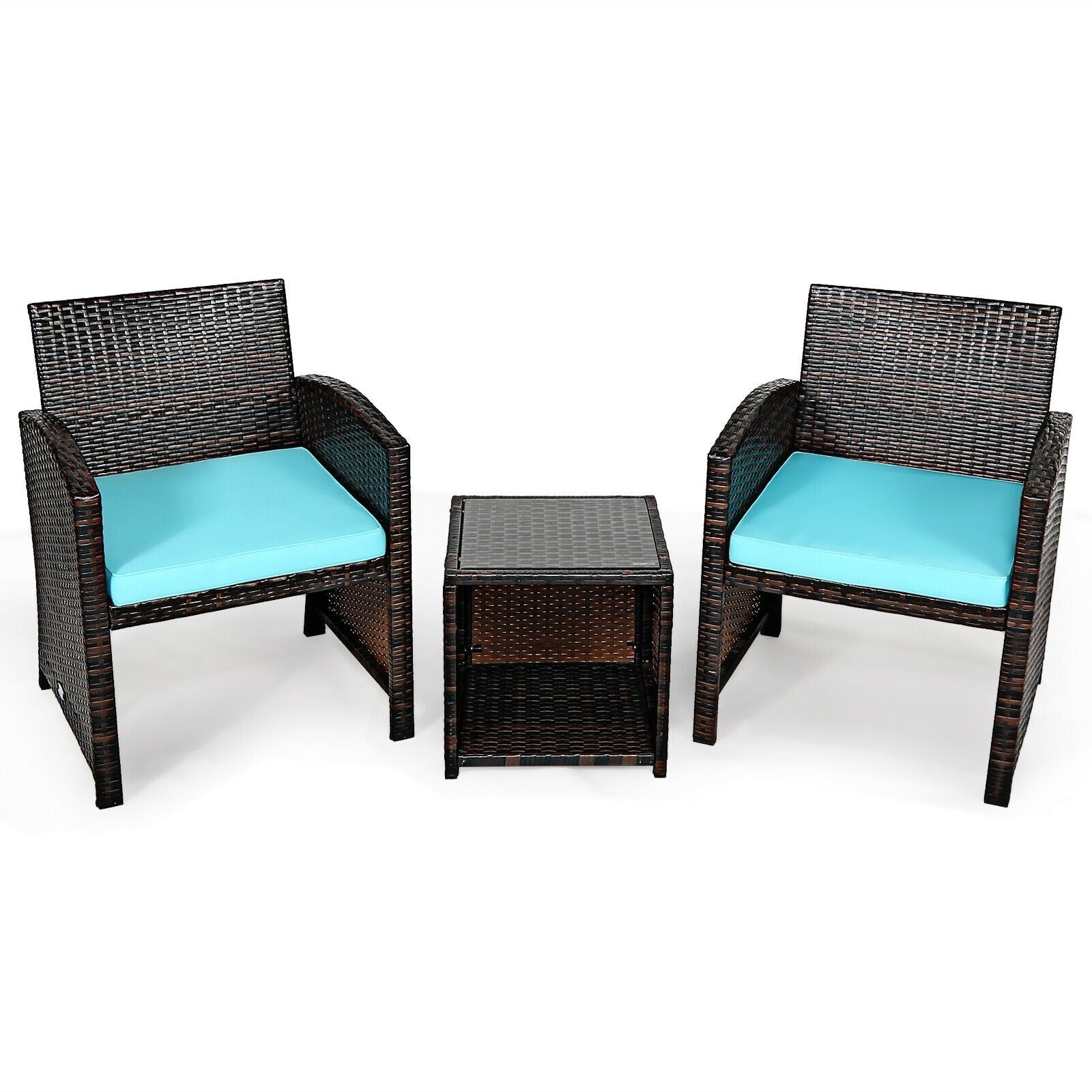 3 Pieces Outdoor Wicker Bistro Set Patio Rattan Furniture Conversation Set with Coffee Table & Cushions