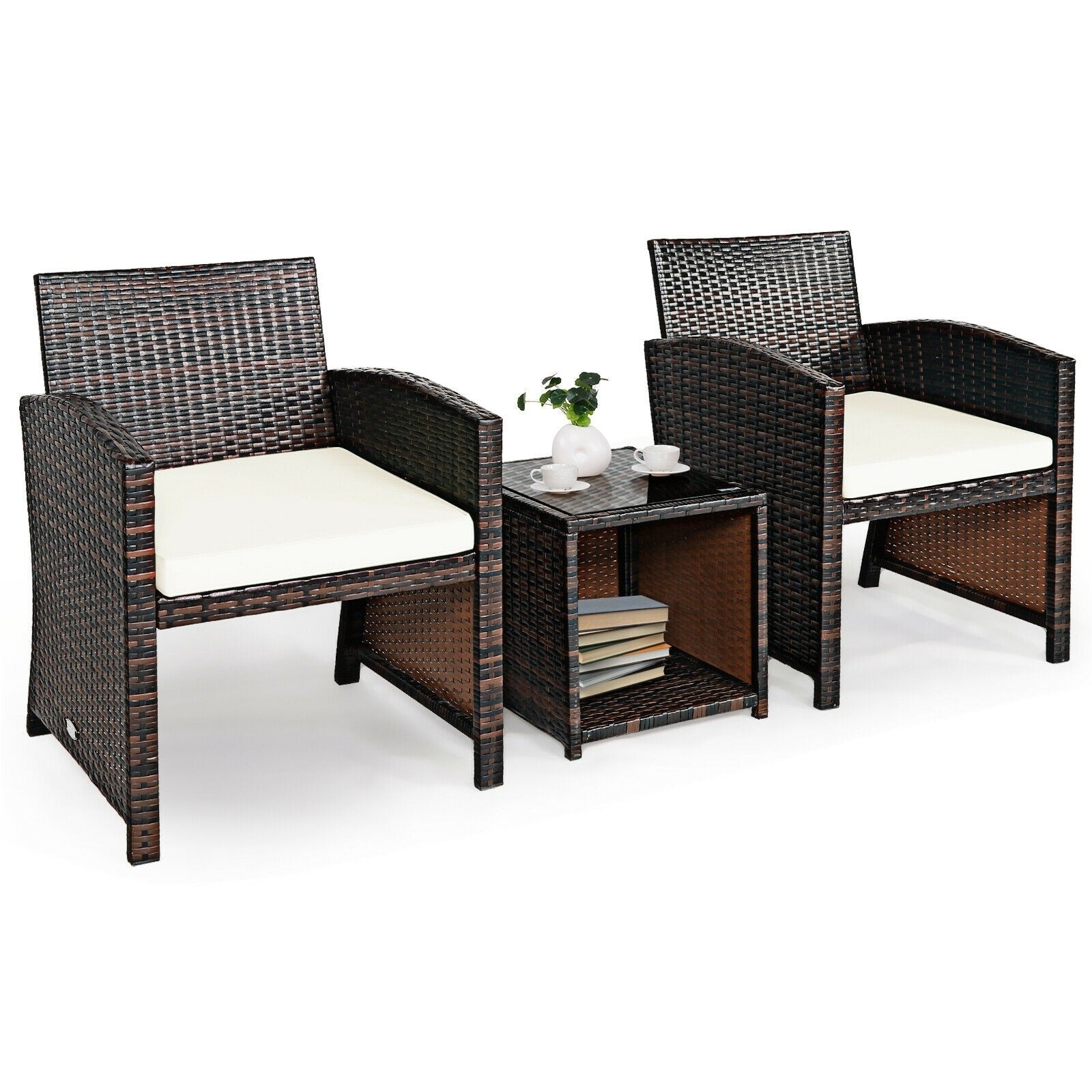 3 Pieces Outdoor Wicker Bistro Set Patio Rattan Furniture Conversation Set with Coffee Table & Cushions