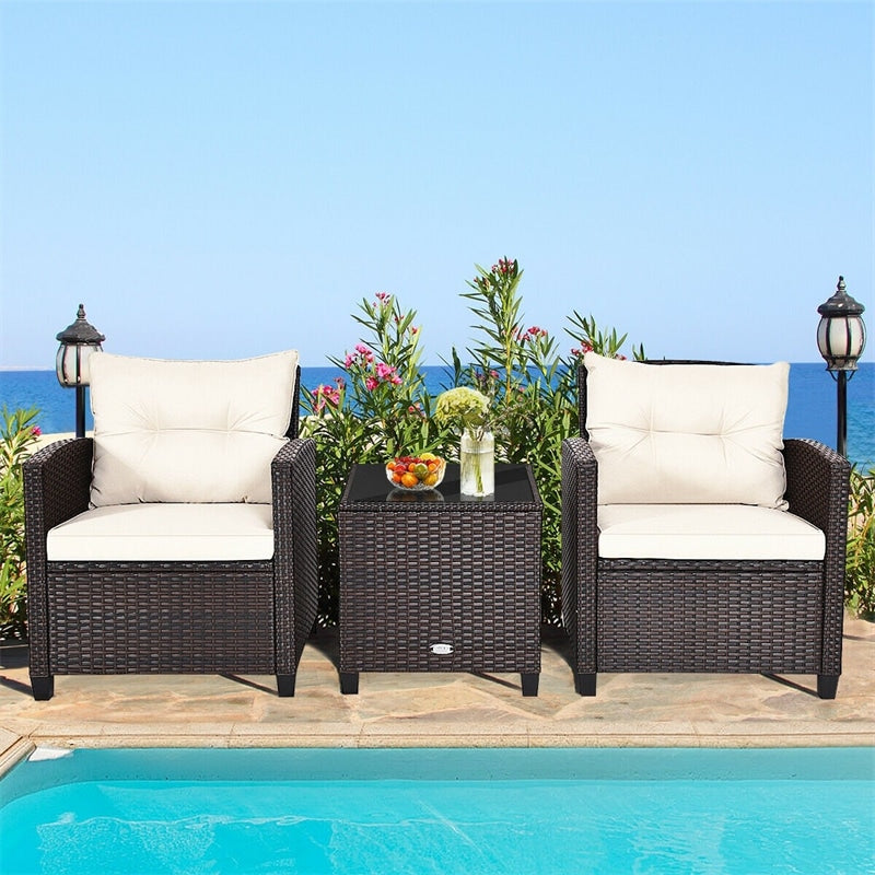 3 Piece Outdoor Wicker Rattan Patio Conversation Set with Washable Cushion & Coffee Table